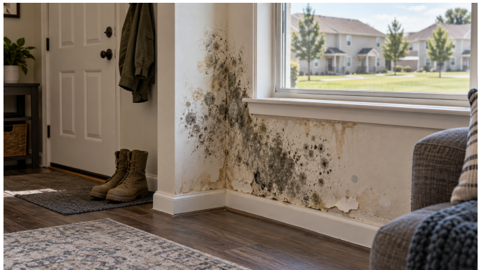 AI-generated illustration of mold and water damage in fictional military family housing. Not a photograph of an actual property.